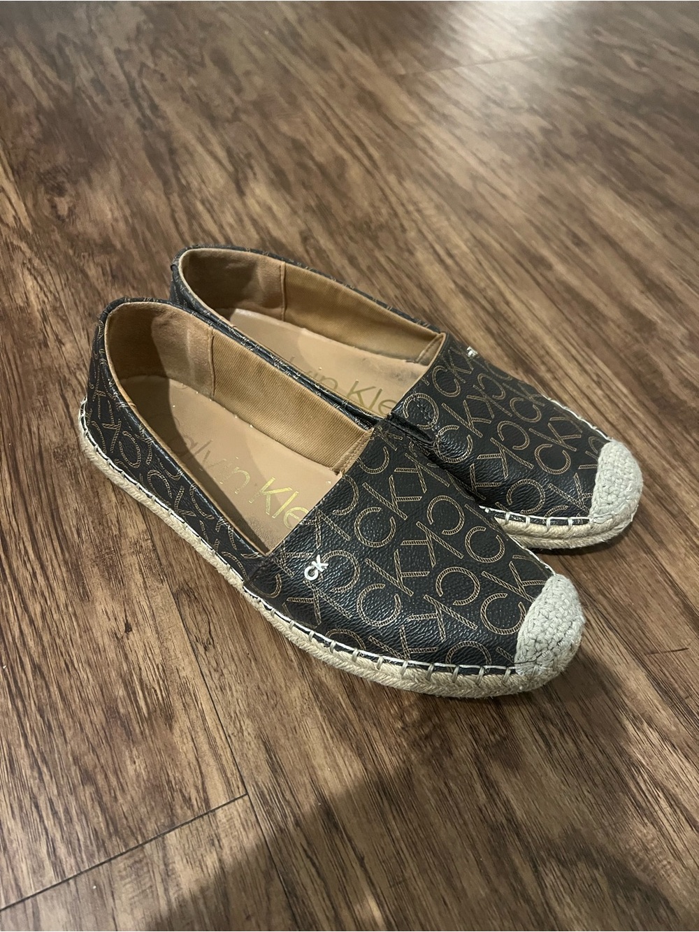Calvin Klein Dark Brown Monogram Espadrille Flats with Cream Toe